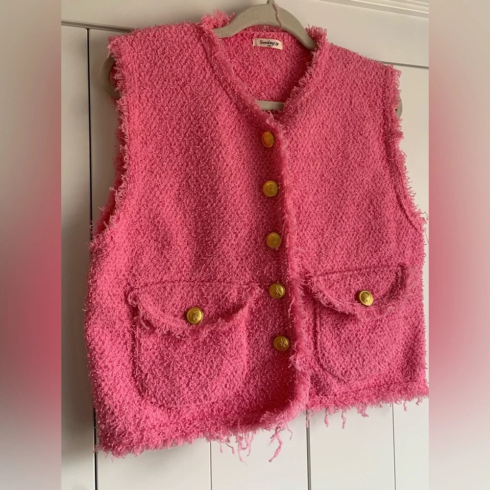 SundayUp One‎ Size Womens Pink Faux Tweed Vest Frayed With Gold Buttons